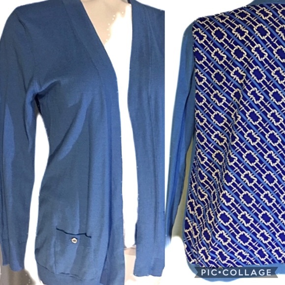 Dana Buchman Tops - Blue & White Geometric Open Front Cardigan
